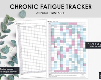 May include: A printable annual chronic fatigue tracker with the text "CHRONIC FATIGUE TRACKER ANNUAL PRINTABLE." The tracker includes a grid for monitoring fatigue levels, with sections for mild, moderate, and severe fatigue. A4, A5 & US Letter sizes included.