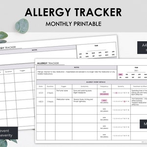 Monthly Allergy Tracker Printable | Chart Allergy Events Symptoms & Severity of Allergic Reactions | Minimalist Design | Instant Download