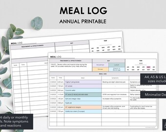 Registro diario de comidas y síntomas / Seguimiento de alimentos y alergias / Diario mensual de comidas y registro de alergias alimentarias / Descarga instantánea