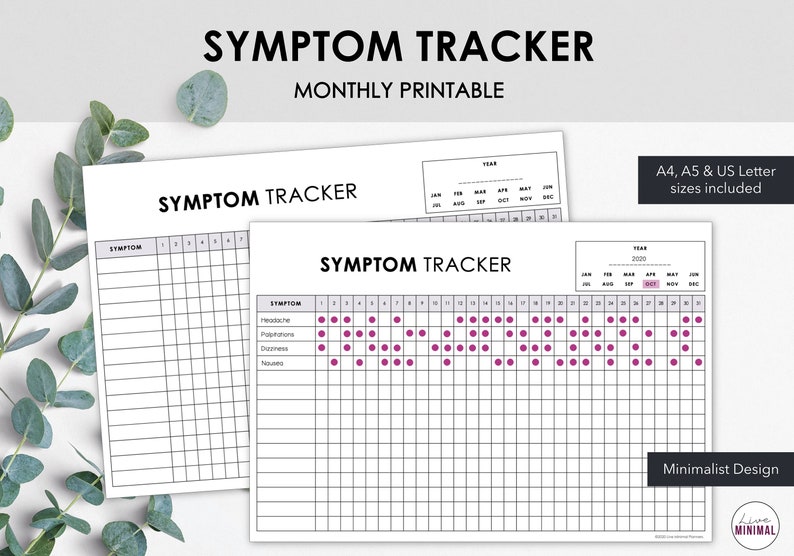 May include: Two white printable symptom trackers with the text "SYMPTOM TRACKER" in a bold, black font. One tracker is a monthly calendar, and the other is a weekly tracker. The trackers include the text "MONTHLY PRINTABLE" and "Minimalist Design."