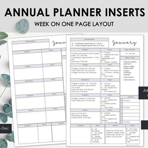 May include: A white planner insert with a week-on-one-page layout. The planner includes sections for appointments, meals, and weekly tasks. Text includes "Annual Planner Inserts" and "Printables for Jan-Dec."