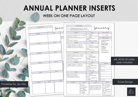 Printable Annual Planner Inserts | Week on One Page Layout with Monday start | Productivity Planner Inserts | Instant Download