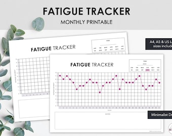 May include: A set of white printable fatigue trackers with the text "FATIGUE TRACKER" and "MONTHLY PRINTABLE". The trackers include a graph to track fatigue severity. A4, A5 & US Letter sizes included. Minimalist design.