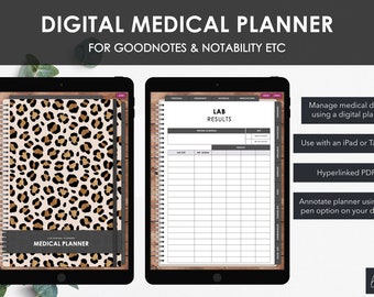 Digital Medical Planner | Hyperlinked Planner | Manage Medical Notes Expenses Symptoms | Minimalist Leopard Print | Digital Download
