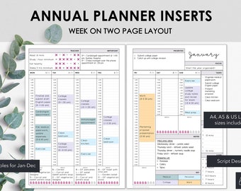 May include: Annual planner inserts with a week-on-two-page layout. The planner includes sections for teacher, important notes, and priorities. The design includes A4, A5, and US Letter sizes. The text "Printables for Jan-Dec" is visible.