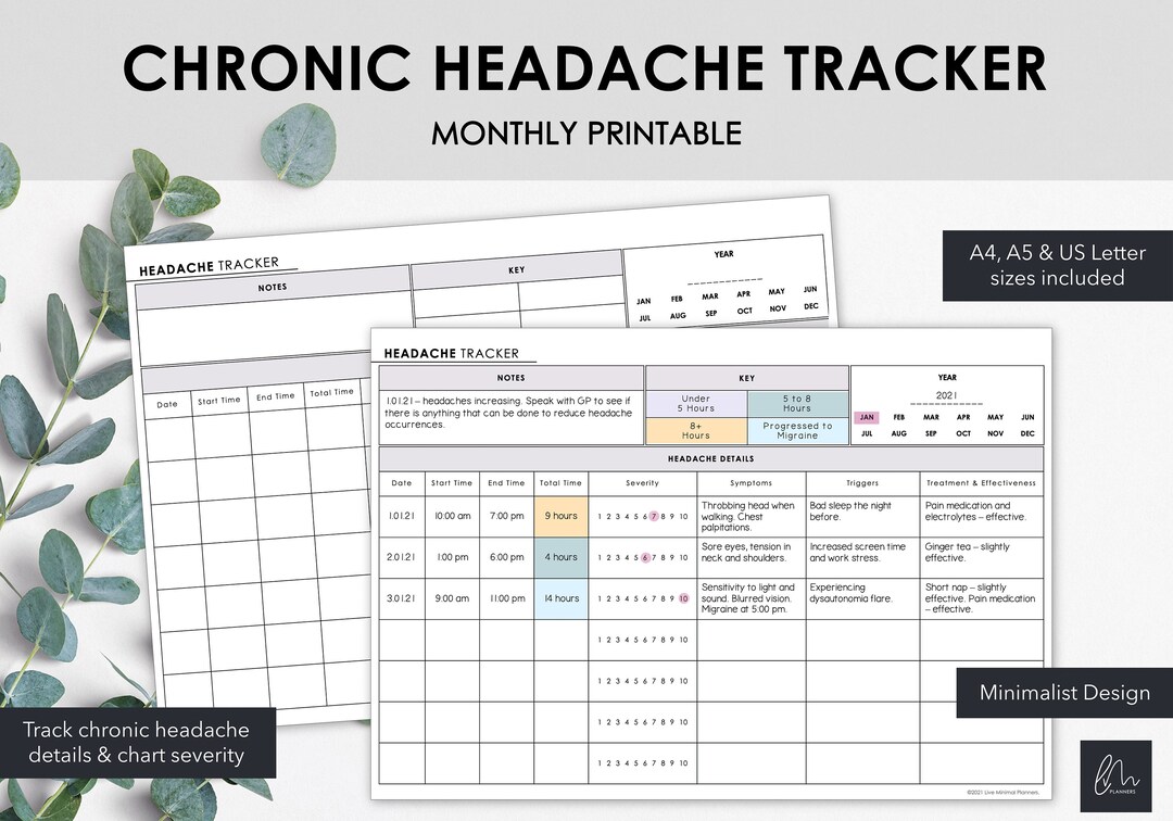 Printable Chronic Headache Tracker | Chart Headache Events Symptoms ...
