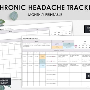 Printable Chronic Headache Tracker | Chart Headache Events Symptoms & Severity | Minimalist Design | Instant Download
