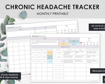 May include: A monthly printable chronic headache tracker with a minimalist design. Includes space to track headache details and chart severity. A4, A5, and US Letter sizes are included. The text "Chronic Headache Tracker" is at the top.