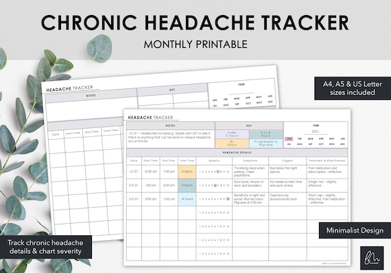 Printable Chronic Headache Tracker | Chart Headache Events Symptoms & Severity | Minimalist Design | Instant Download