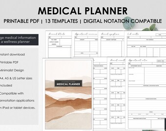 Medical Planner - Health Binder Printables to Manage Medical Notes Expenses Symptoms - Chart Health History and Store in Medical Binder