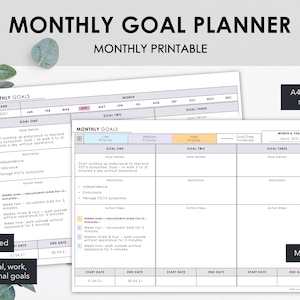 Op de afbeelding: Een minimalistische maandelijkse doelplanner om af te drukken in A4-, A5- en US Letter-formaten. De planner bevat secties voor doeldetails, motivatie en actiestappen. Het ontwerp is eenvoudig en bevat de tekst "Monthly Goal Planner".