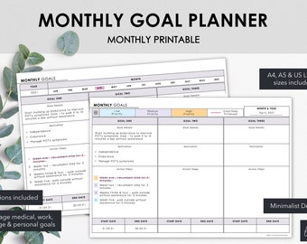 May include: A minimalist monthly goal planner printable in A4, A5, and US Letter sizes. The planner includes sections for goal details, motivation, and action steps. The design is simple and includes the text "Monthly Goal Planner".
