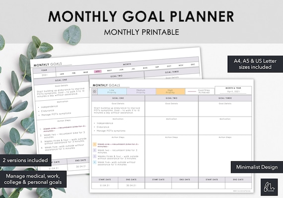 Monthly Goal Planner Printable | Manage Medical Work College & Personal Monthly Goals | Minimalist Design | Instant Download
