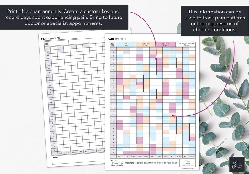 May include: Two pain tracker charts with a calendar layout. One is blank, and the other is color-coded to track pain levels. The charts include the text "PAIN TRACKER" and instructions for use. The charts are designed to record pain patterns.