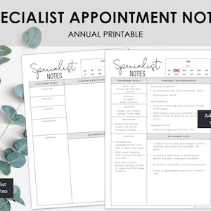 Specialist Notes Printable | Manage Medical Appointment Information Printable | Specialist Visits | Doctor Visits | Instant Download