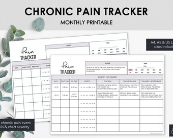 Maandelijkse chronische pijntracker | Grafiek Pijngebeurtenissen Symptomen en ernst | Direct downloaden