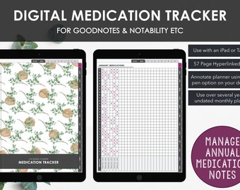May include: Digital medication tracker for GoodNotes and Notability. The image shows two tablets displaying a medication tracker. One tablet shows a floral design, and the other shows a medication schedule. Text includes "Manage Annual Medication Notes."