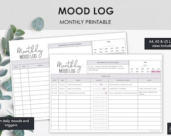 Monthly Mood Log | Track Daily Mood & Monitor Causes of Mood Changes | Chart Treatments and Effectiveness | Instant Download