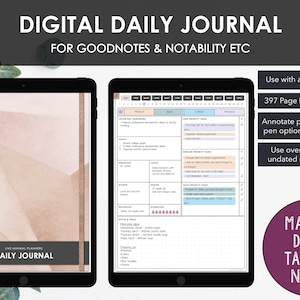 Pode incluir: Um aplicativo de diário digital diário para iPad e tablet. O aplicativo é mostrado na tela de um tablet com um fundo abstrato rosa e marrom. O aplicativo inclui um planejador diário com seções para tarefas médicas, de trabalho, universitárias e pessoais. O aplicativo foi projetado para uso com Goodnotes e Notability. O texto "DIGITAL DAILY JOURNAL" é exibido na parte superior da imagem.
