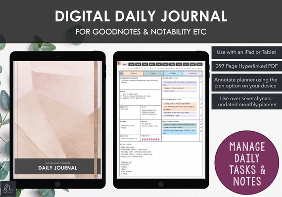 Digital Daily Brain Dump Journal with Neutral Abstract Cover | Management of Important Daily Tasks Notes & Goals | Instant Download