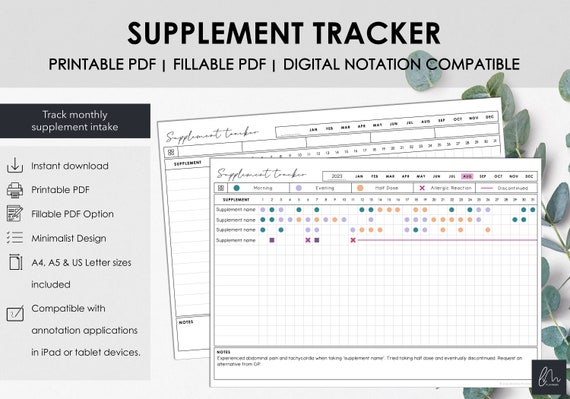 Printable and Fillable Monthly Supplement Tracker | Chart & Manage Monthly Supplement Intake | Instant Download