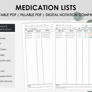 Printable and Fillable Medication Lists – Manage Current & Discontinued Medications – Medicine Chart for Chronic Illness Medical Planner