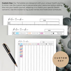 May include: A health journal template with a pulse tracker design. The template includes sections for recording pulse trends, medication schedules, and a custom key. A black pen is placed on the left side of the image. The text on the image says "Custom Key".
