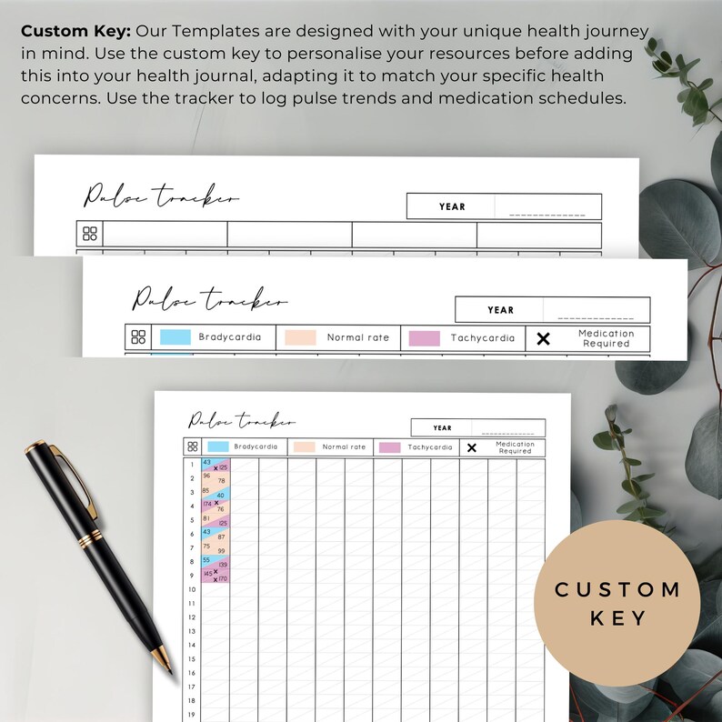 May include: A health journal template with a pulse tracker design. The template includes sections for recording pulse trends, medication schedules, and a custom key. A black pen is placed on the left side of the image. The text on the image says "Custom Key".