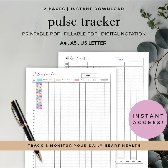 Pulse Tracker, Heart Rate Log & Health Tracker, Printable Medical Planner for Vital Signs and Wellness Tracking, Chronic Illness Support