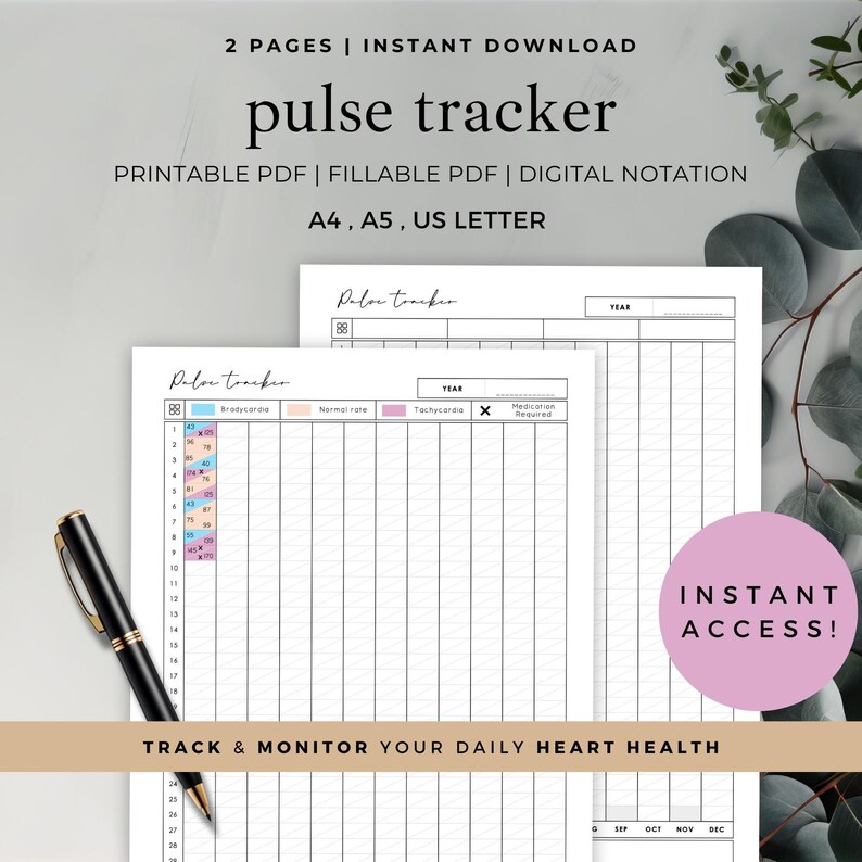 May include: A digital pulse tracker, featuring the words "pulse tracker". The design includes sections for recording heart rate, with space for notes and medication details. The text "TRACK & MONITOR YOUR DAILY HEART HEALTH" is at the bottom of the image.