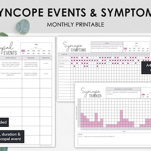 May include: Printable syncope event and symptom trackers. The white pages include sections for event details, triggers, duration, and symptom tracking. The text "Syncope Events & Symptoms" is at the top. Includes A4, A5, and US Letter sizes.