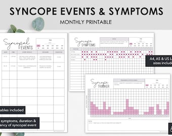 May include: Printable syncope event and symptom trackers. The white pages include sections for event details, triggers, duration, and symptom tracking. The text "Syncope Events & Symptoms" is at the top. Includes A4, A5, and US Letter sizes.