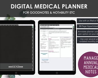 Digital Medical Planner | Hyperlinked Planner to Manage Medical Notes Expenses Symptoms | Minimalist Green | Digital Download