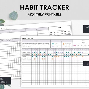 May include: A minimalist habit tracker printable with the title "HABIT TRACKER" and "MONTHLY PRINTABLE". The tracker includes sections for notes, a key, and a calendar for tracking habits. The design includes A4, A5 & US Letter sizes.