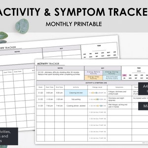 Activiteit- en symptoomtracker | Grafiek Dagelijks Wekelijks Maandelijks activiteiten Energieniveaus en symptomen | Minimalistisch ontwerp | Direct downloaden