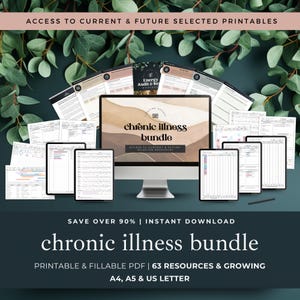 Könnte beinhalten: Digitale Produktpräsentation mit einem Computermonitor und mehreren Tablets, die ein "Chronic Illness Bundle" zeigen. Das Bundle enthält druckbare und ausfüllbare PDF-Ressourcen. Das Bild enthält den Text "Zugang zu aktuellen und zukünftigen ausgewählten Druckvorlagen."