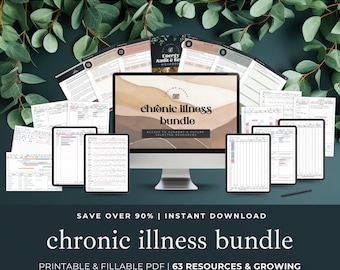 May include: A digital product display featuring a computer monitor and several tablets showcasing a "chronic illness bundle." The bundle includes printable and fillable PDF resources. The image has text that reads "Access to current & future selected printables."