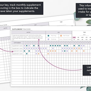 May include: A white supplement tracker with a grid for tracking supplement intake. The tracker includes a key for morning, evening, half dose, and discontinued supplements. Text on the tracker says, "Supplement Tracker" and "List any allergies, notes, and intake instructions."