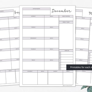 May include: Three printable planner pages with a white background. The pages are for the months of September, December, and May. Each page has sections for appointments, meals, and weekly tasks. The text "Printables for each month included" is also visible.