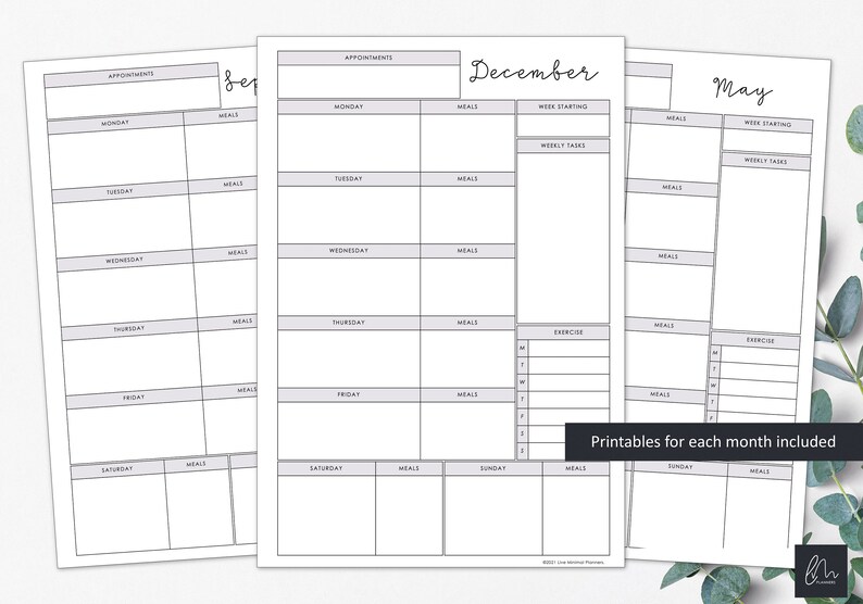 May include: Three printable planner pages with a white background. The pages are for the months of September, December, and May. Each page has sections for appointments, meals, and weekly tasks. The text "Printables for each month included" is also visible.