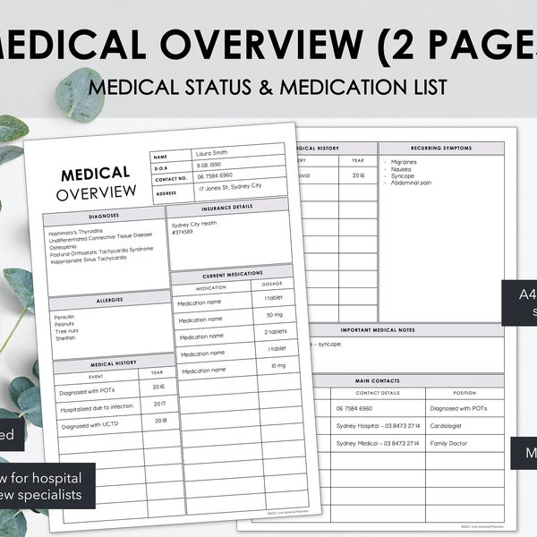 Two Page Medical Overview | Personal Detail & Medical History Summary for ER admission or New Doctors | Minimalist Design | Instant Download