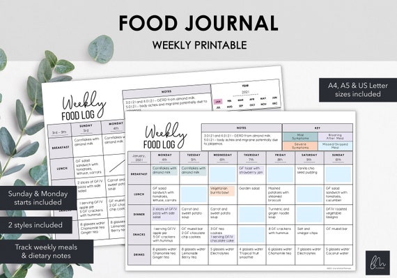 Weekly Food Log | Dietary Journal to Chart Daily Meals & Notes | Food Diary to Track Weekly Meals | Instant Download