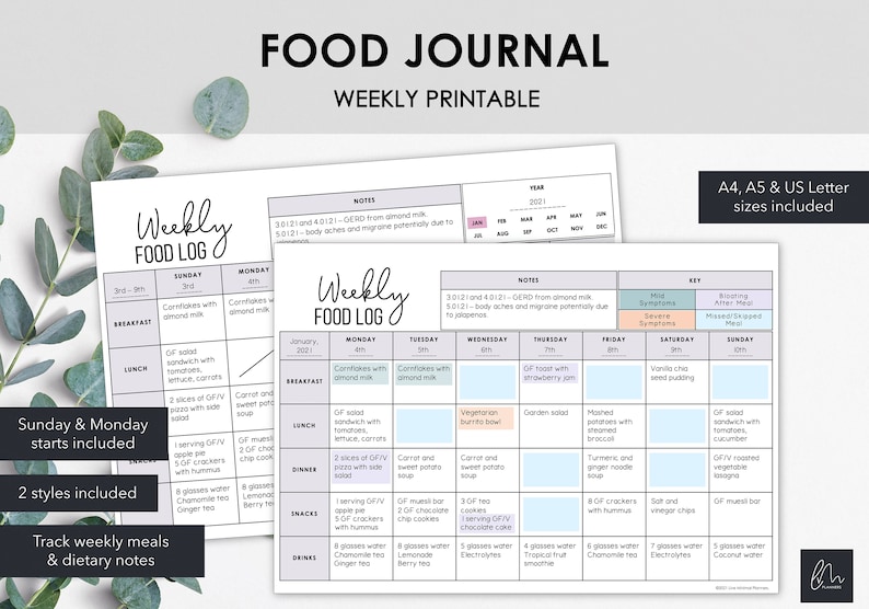 Peut inclure: Un journal alimentaire hebdomadaire imprimable avec des sections pour les repas, les collations et les boissons, ainsi qu'un espace pour les notes et une cl&eacute; des sympt&ocirc;mes. Disponible en formats A4, A5 et US Letter. Le texte "FOOD JOURNAL WEEKLY PRINTABLE" est en haut.