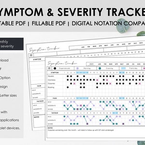 Printable and Fillable Monthly Symptom & Severity Tracker to Chart Monthly Symptom Frequency for Chronic Illness or Pain Instant Download