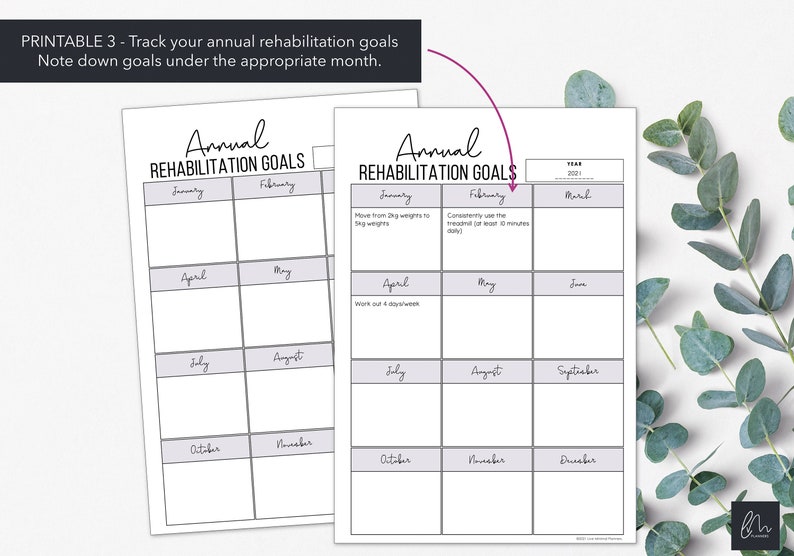 Puede incluir: Dos planificadores imprimibles de objetivos anuales de rehabilitaci&oacute;n. Cada planificador tiene una cuadr&iacute;cula con meses y espacio para escribir objetivos. El texto "Annual Rehabilitation Goals" est&aacute; en la parte superior. El texto "PRINTABLE 3 - Track your annual rehabilitation goals" est&aacute; en la parte superior.