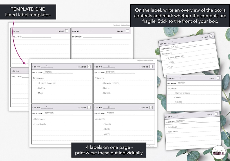 May include: Printable lined label templates with space for box number, location, and contents. The labels include a 'fragile' checkbox. The image shows examples of labels for kitchen, bedroom, and bathroom items. Text on the image says '4 labels on one page - print & cut these out individually.'