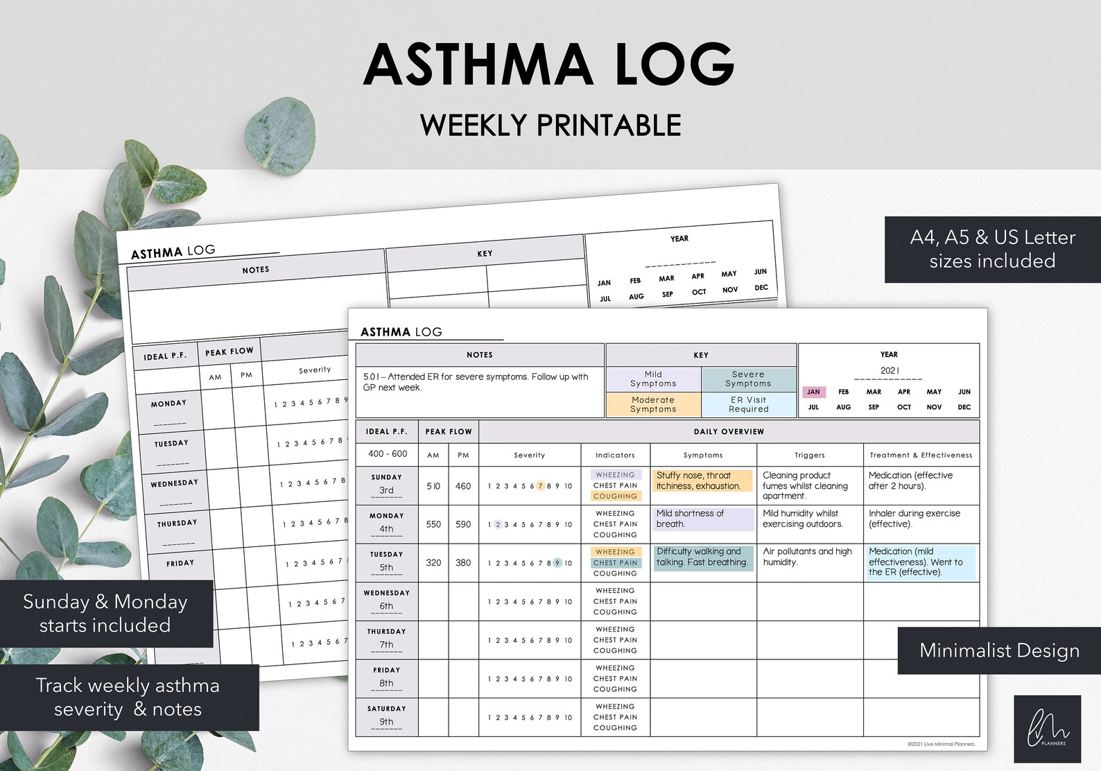 Weekly Asthma Chart Log Weekly Asthma Symptoms & Severity of Etsy UK