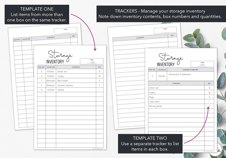 May include: Two white storage inventory templates with the text "Storage Inventory" in a script font. One template lists items from multiple boxes, the other lists items in each box. The templates include sections for box number, location, contents, and quantity.