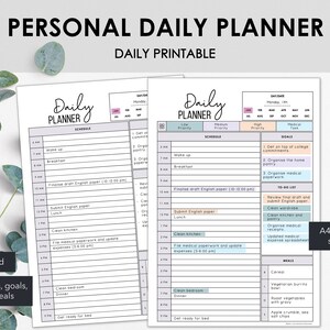 May include: A white daily planner printable with the text "Personal Daily Planner" and "Daily Printable". The planner includes sections for schedule, goals, and to-do lists. A4, A5 & US Letter sizes included.