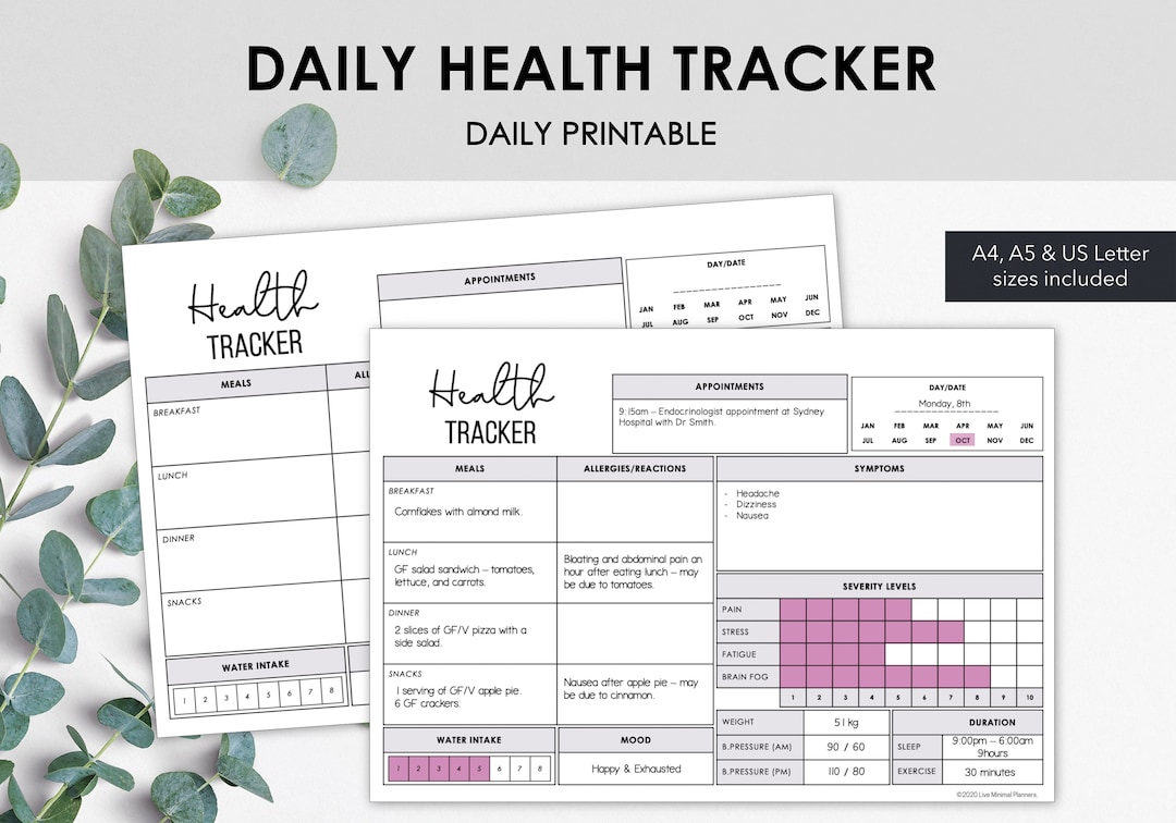 Daily Health Tracker Printable Chronic Illness Management Monitor Meals ...
